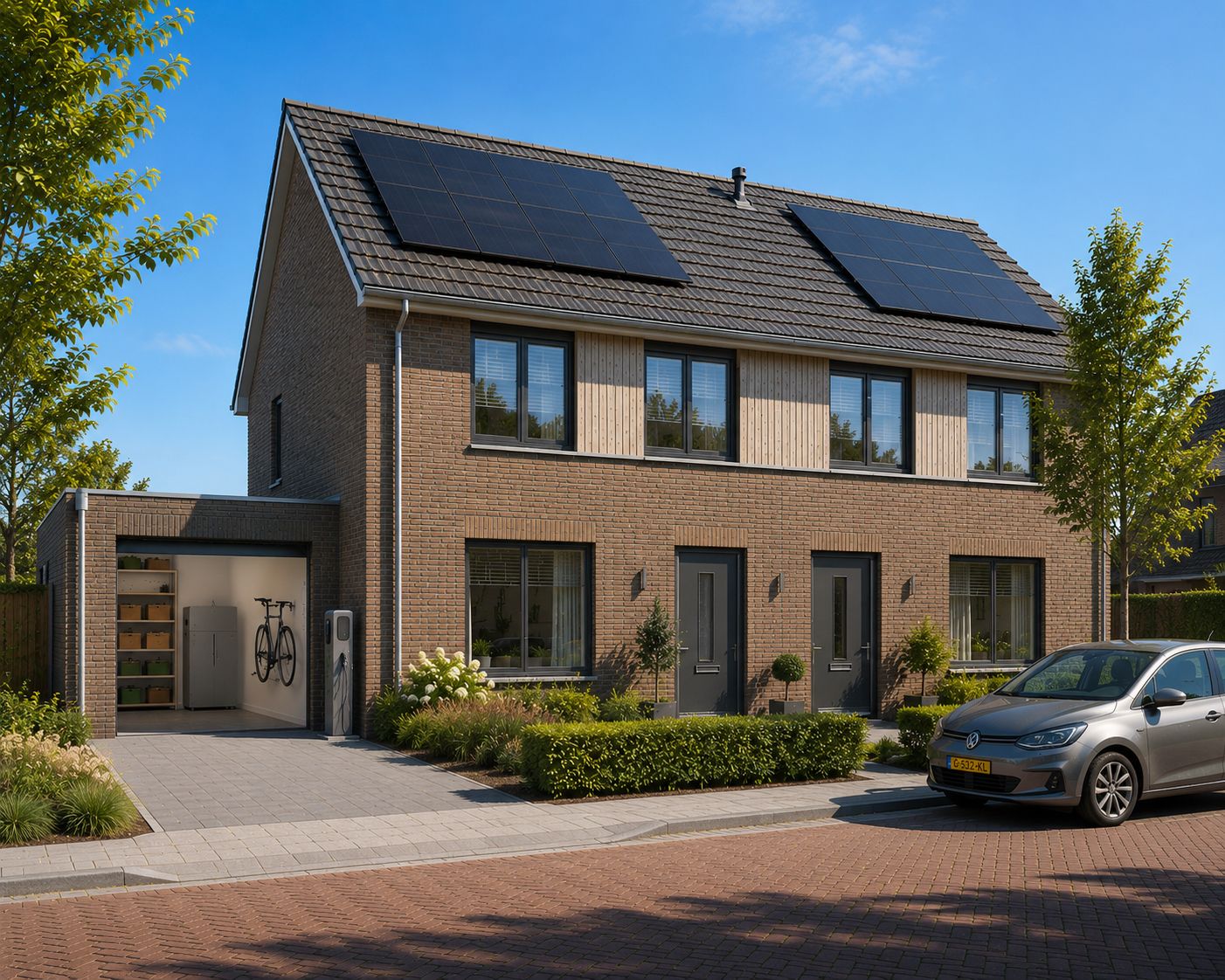 Moderne woningen met zonnepanelen, thuisbatterij en laadpaal