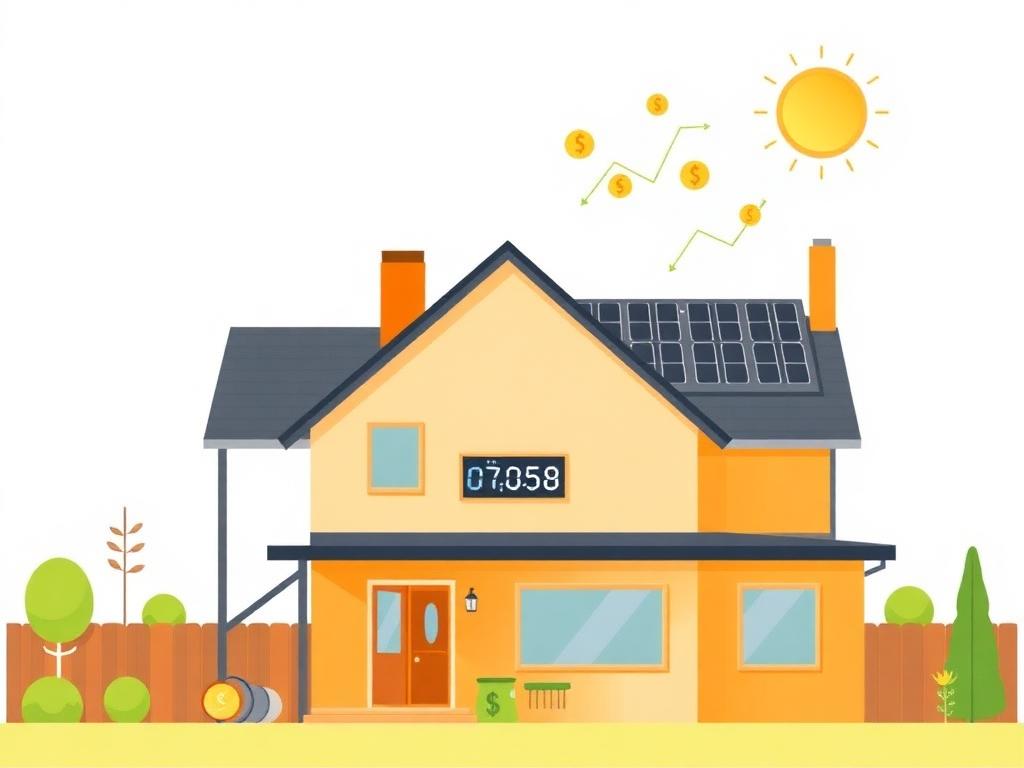 Huis met zonnepanelen en dalende energiekosten illustratie