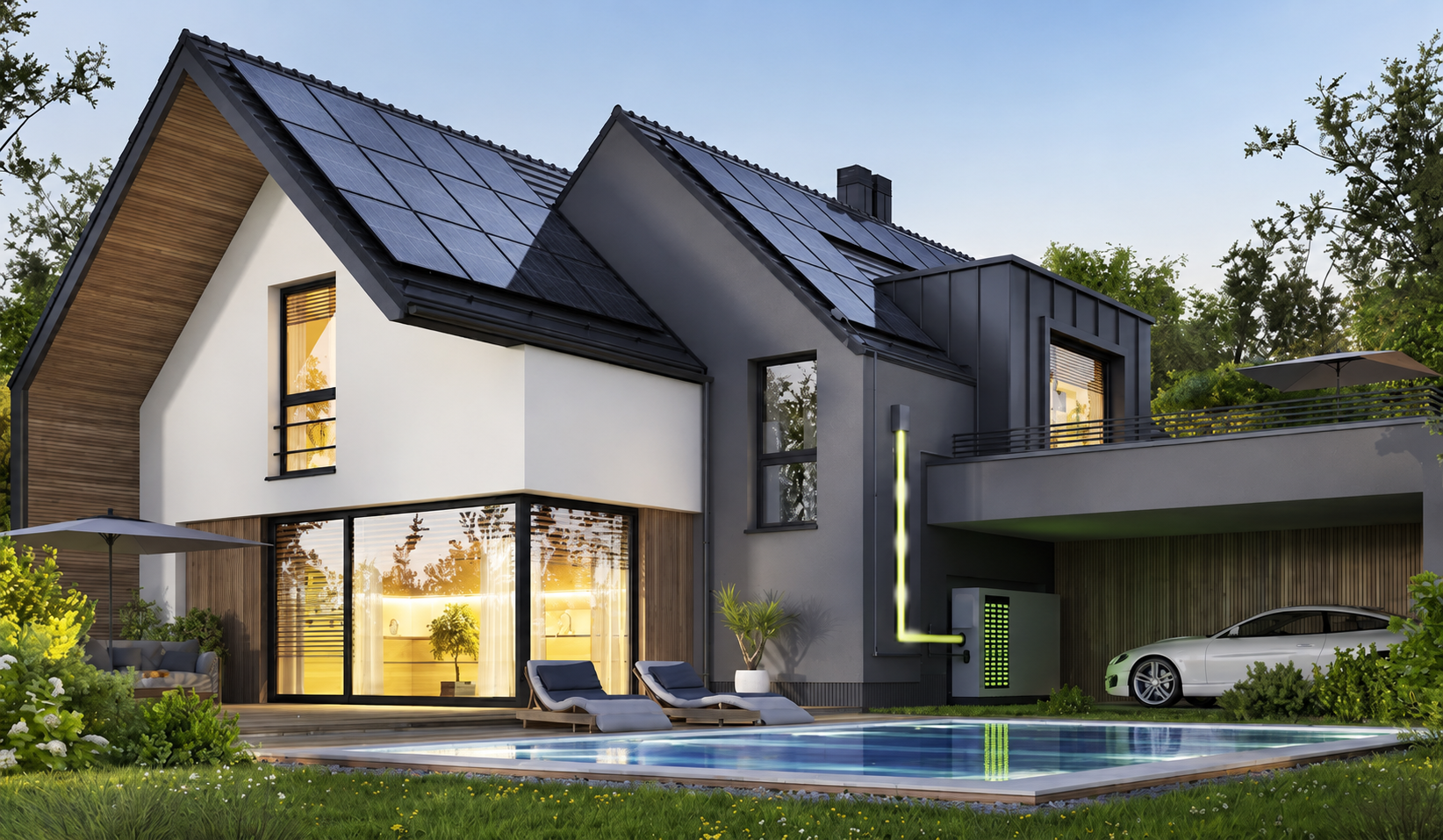 Modern woning met zonnepanelen, thuisbatterij en laadpaal
