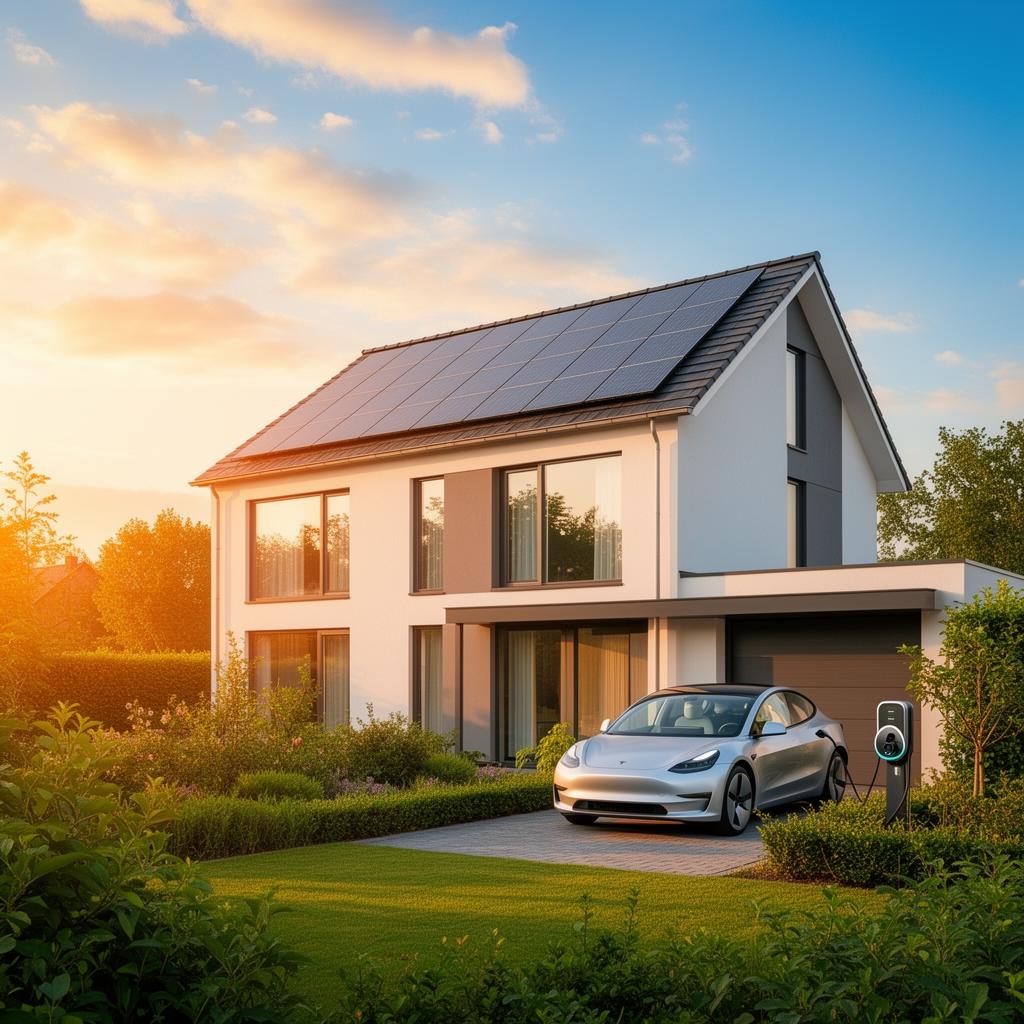 Modern woning met zonnepanelen, thuisbatterij en laadpaal