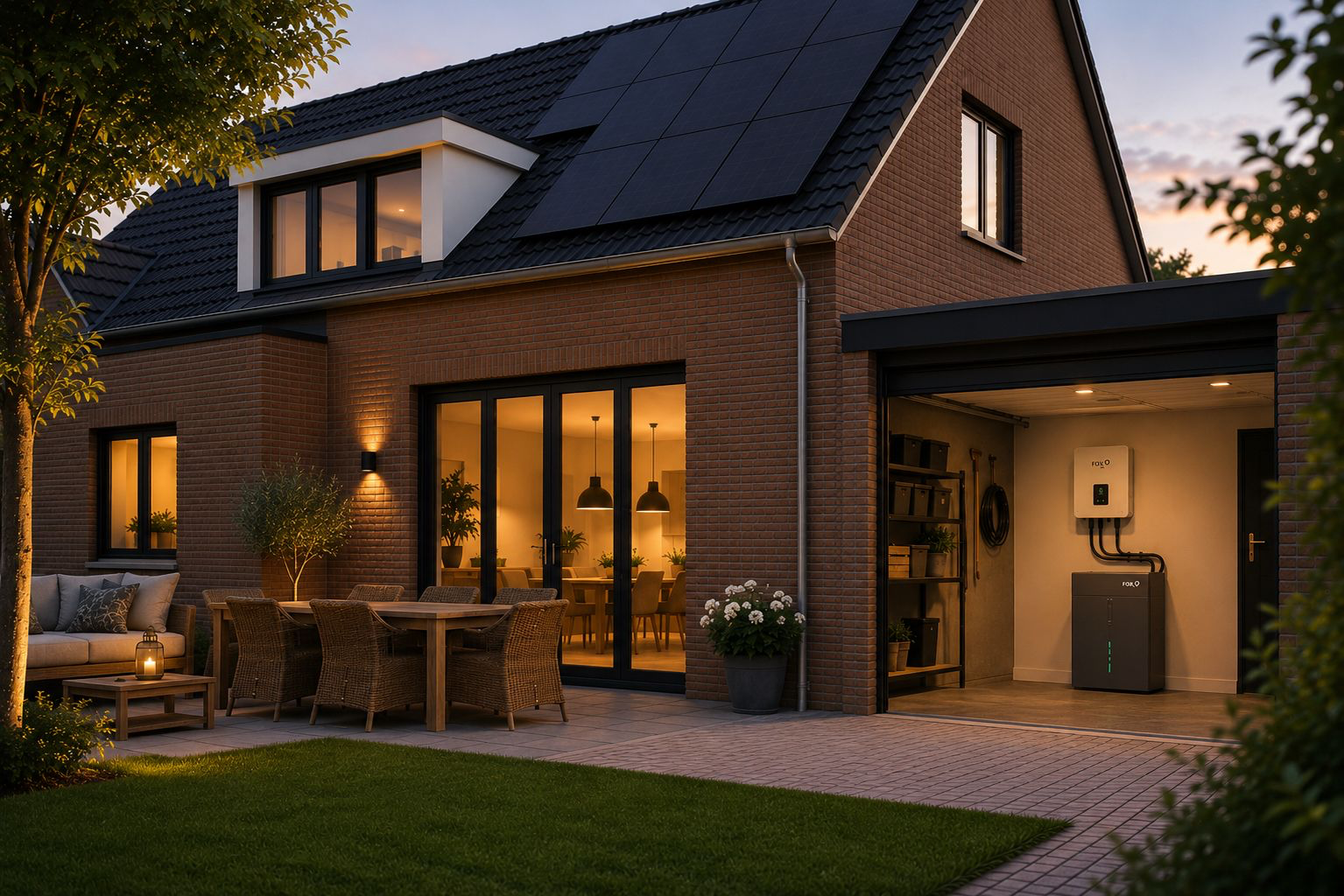 Modern woning met zonnepanelen, thuisbatterij en laadpaal